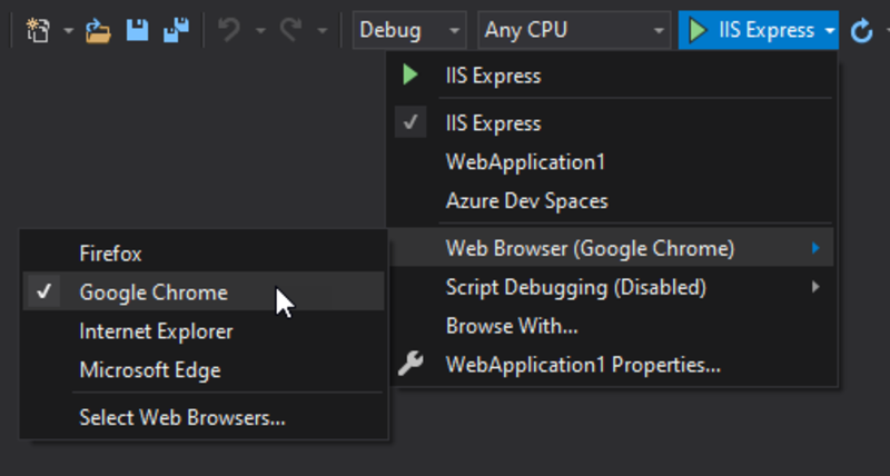 Debugging web apps in Visual Studio with custom browser configurations