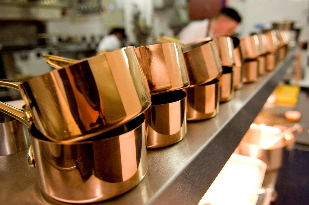 Copper pans at Michelin Star Restaurant Alimentum in Cambridge