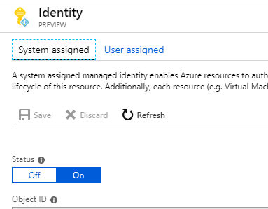 Identity settings tab in the Azure Portal.