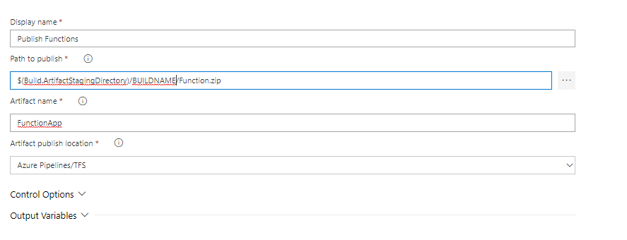 Publish functions task publishing the archived package.