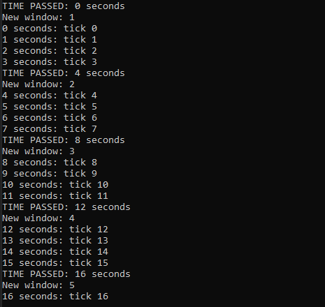 Output showing windows with time passed.