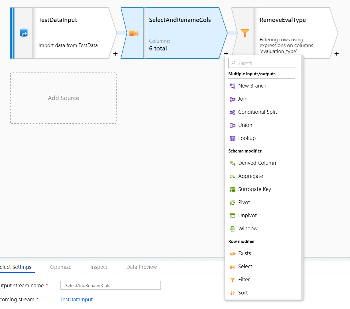 Example of adding a transform in the Data Flow.