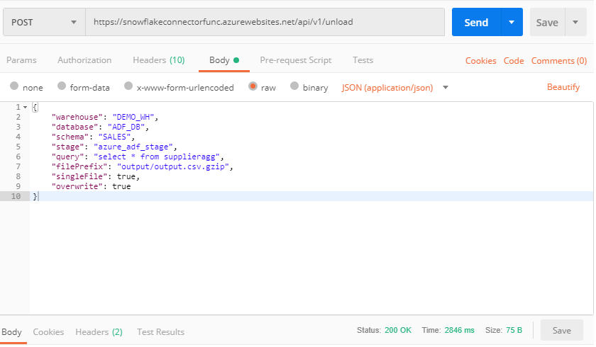 Azure Data Factory and Snowflake via Postman upload screen