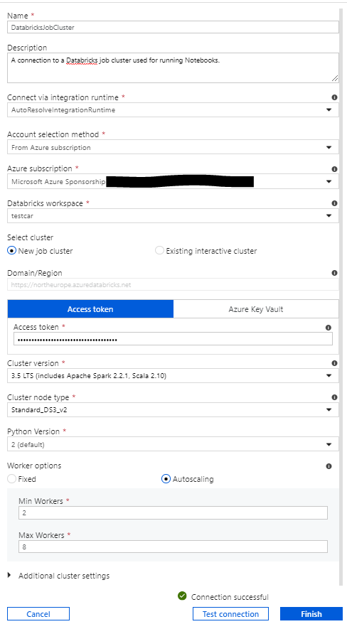 Menu in ADF portal for connecting to Databricks Cluster.