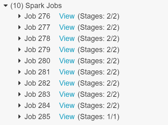 Output showing 10 spark jobs.