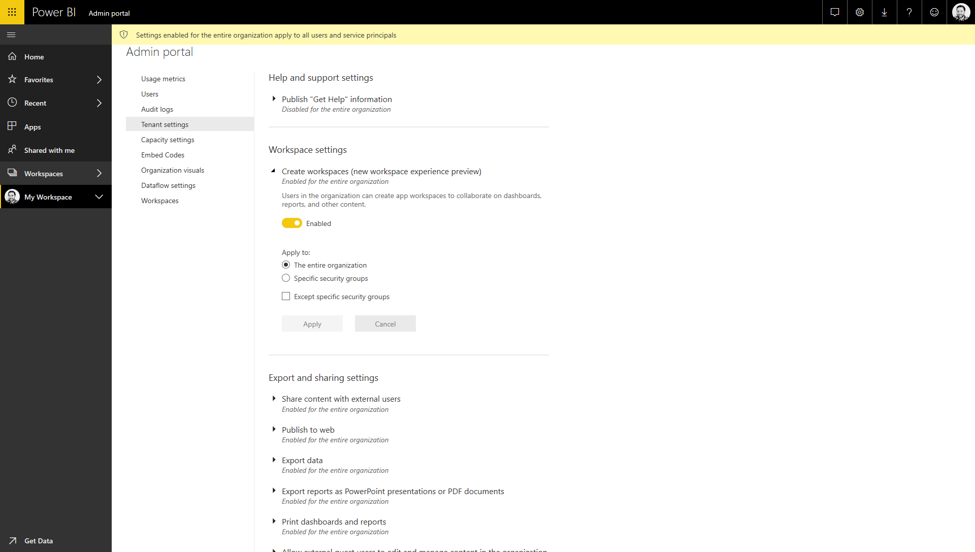 Power BI Workspace Settings