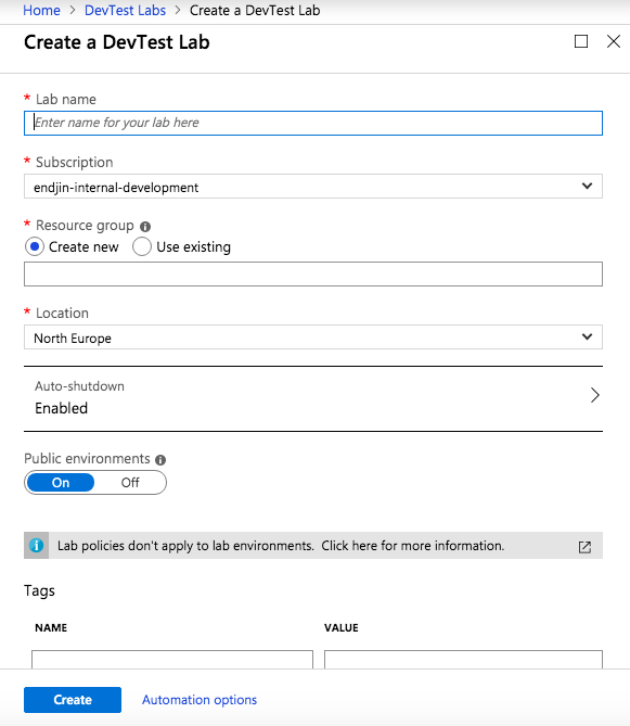 Creating a DevTest Lab in the Azure Portal.