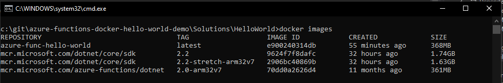 Output from running the "docker images" command,