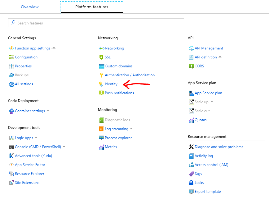 Azure portal showing Functions identity settings.