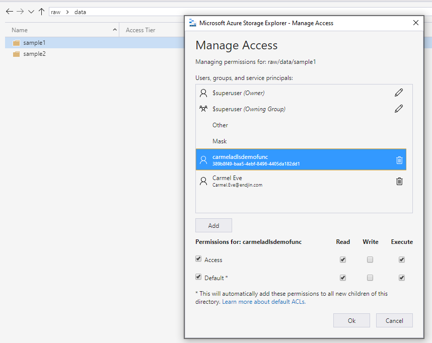 Access control lists shown in storage explorer.