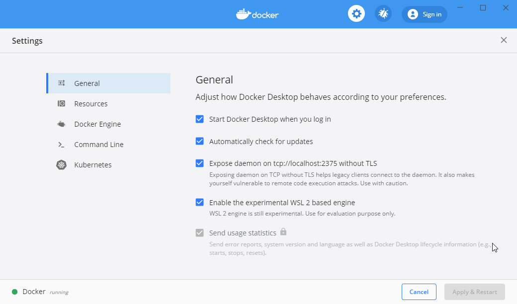 General Docker Settings enabling and checking the experimental WSL 2 engine in checked