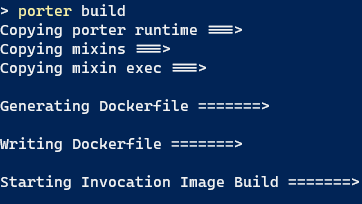 Correct Setup showing a successful build using Docker, a .CNAB folder, and bundle.json