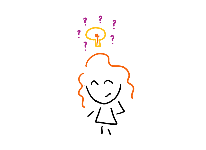 Doodle of author with lightbulb and question marks above head.