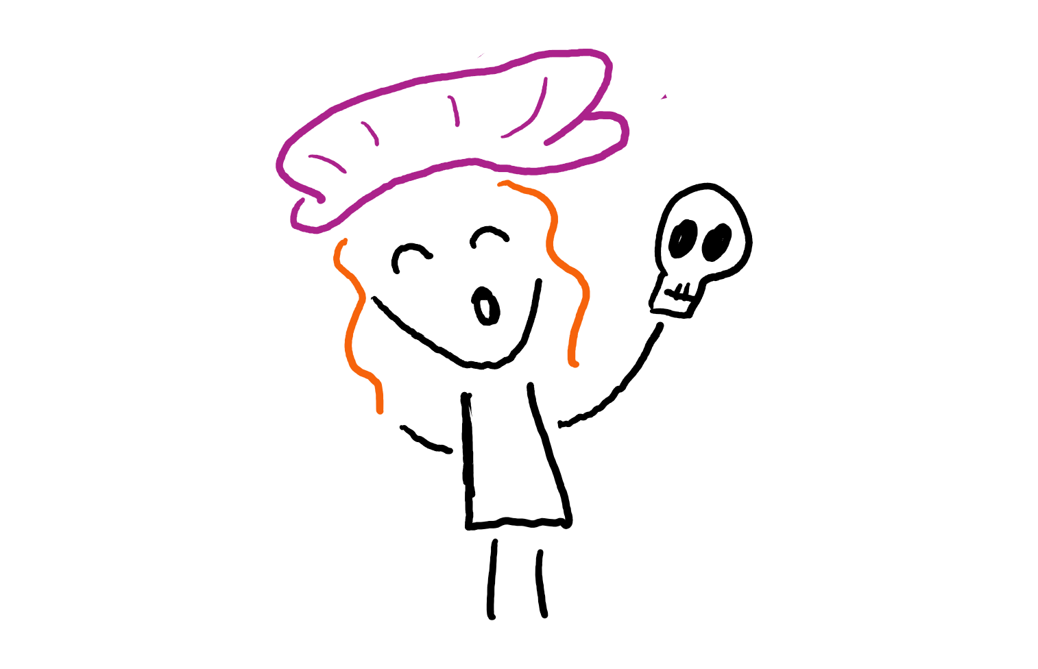 Doodle of author wearing shakespeare hat and holding skull.