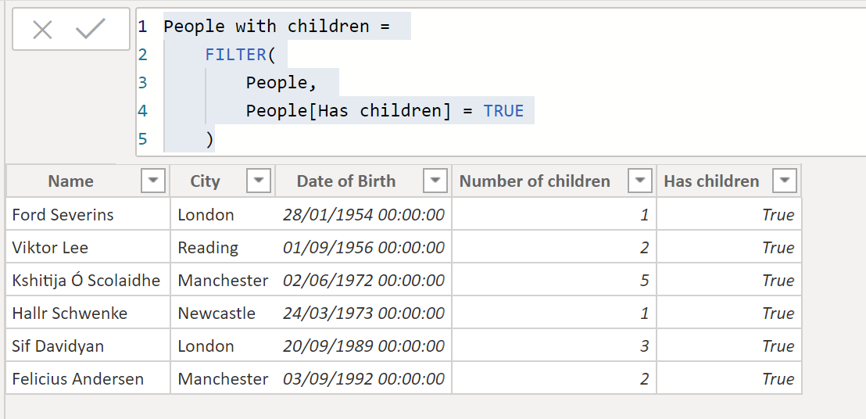 Showing table created using filter function which shows only those with children.