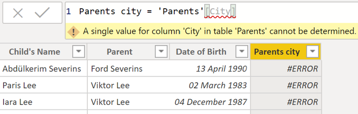 Error when trying to show city in children table.