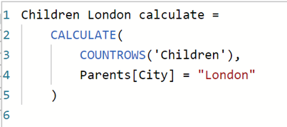 Expression using calculate to alter filter context to "Parents[City] = "London"".