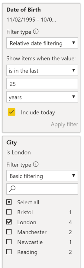 Showing filters applied in filter pane for 25 years and London.