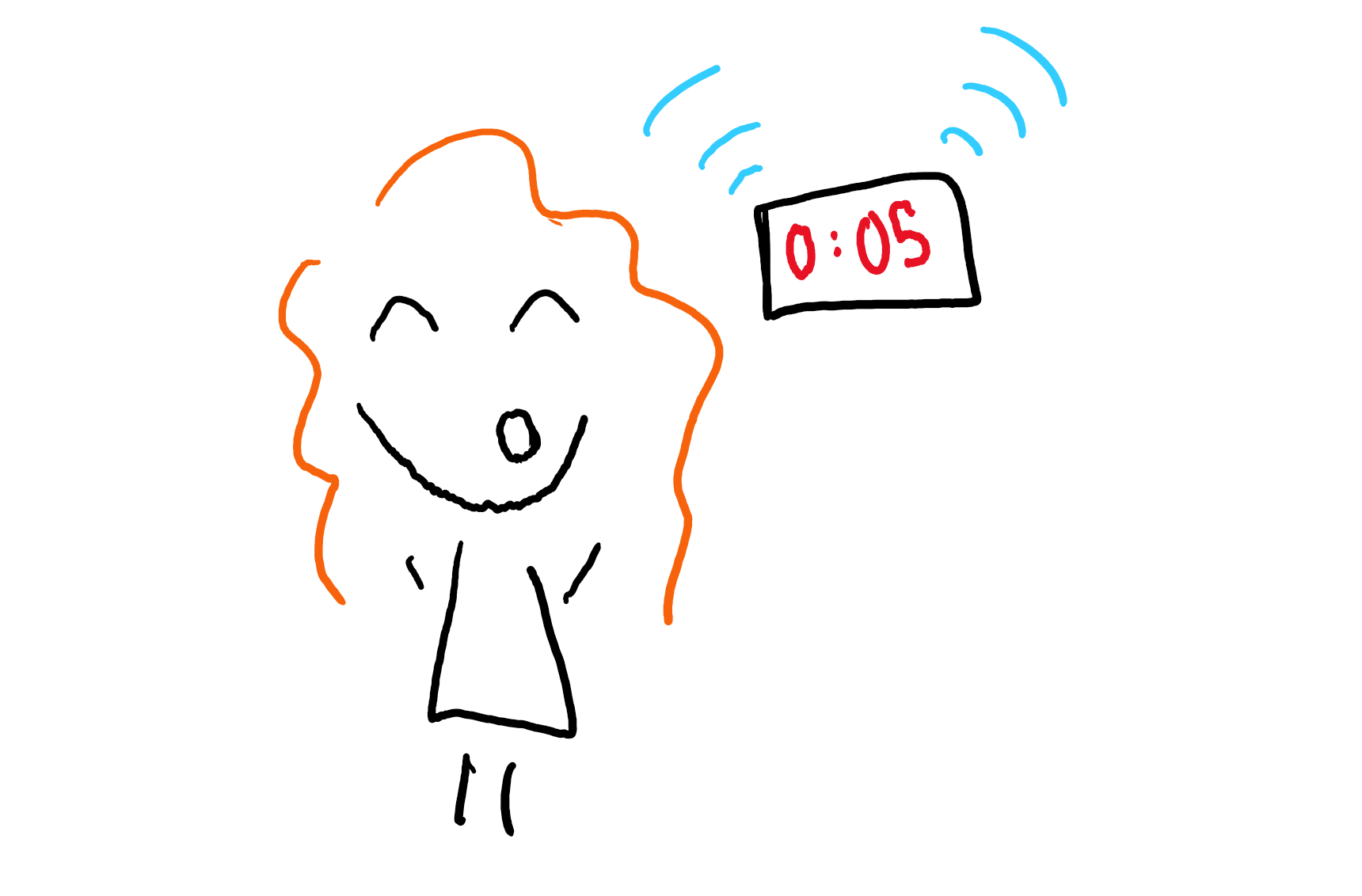 Doodle of author speaking as alarm rings.