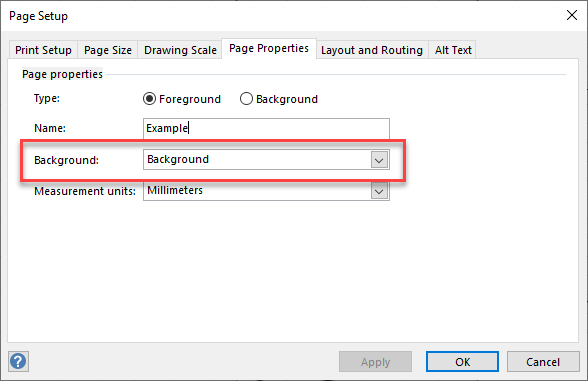 Visio page showing setup properties background