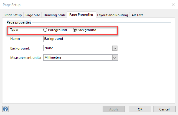 Visio page showing setup properties