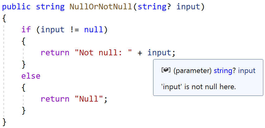 C# code with a tooltip for a nullable variable called input saying "input is not null here"