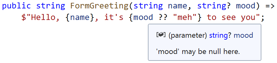 C# code showing a tooltip with the text "mood may be null here"