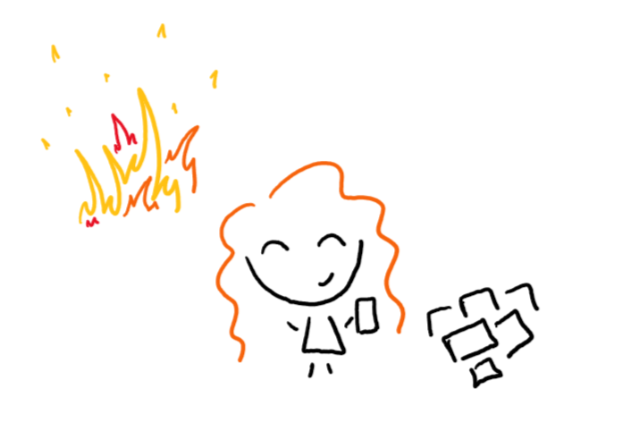 Doodle of author ignoring fire and looking at pile of paper.