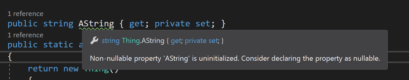 Warning message saying "Non-nullable property 'AString' is uninitialized. Consider declaring property as nullable.