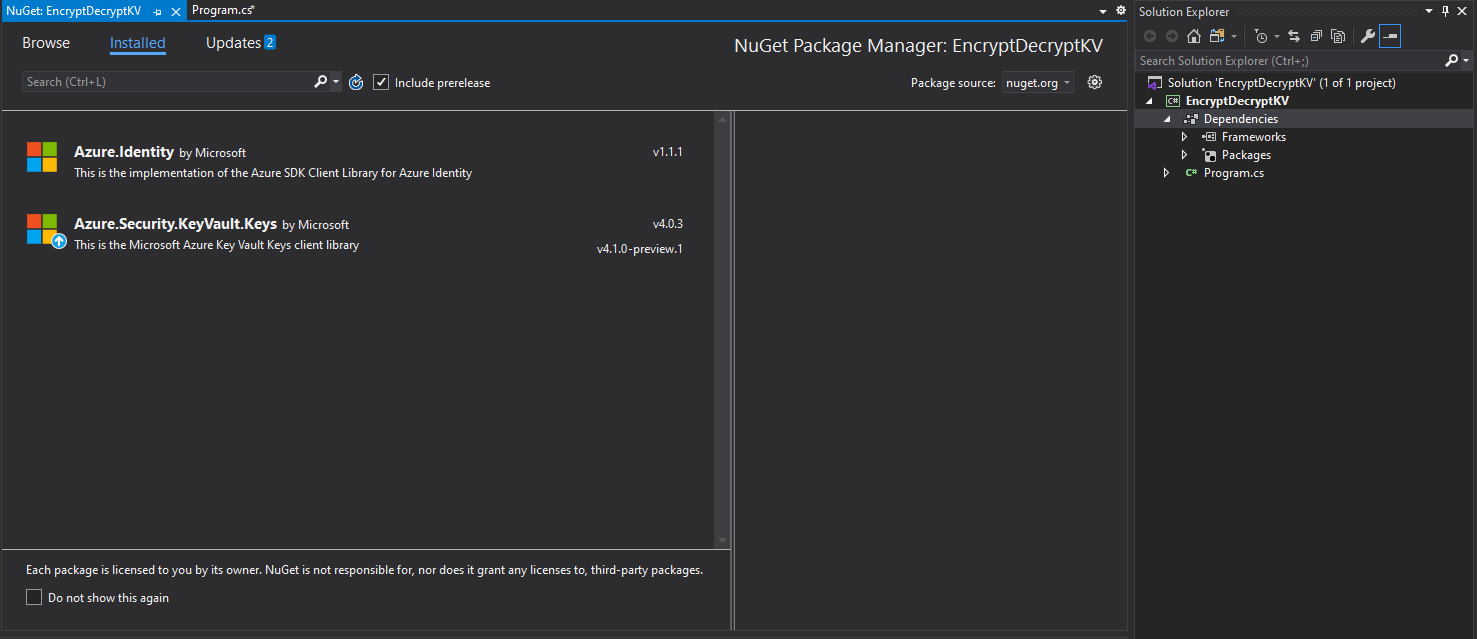 Adding Dependencies via Azure Identity and Azure Security EncryptDecryptKV