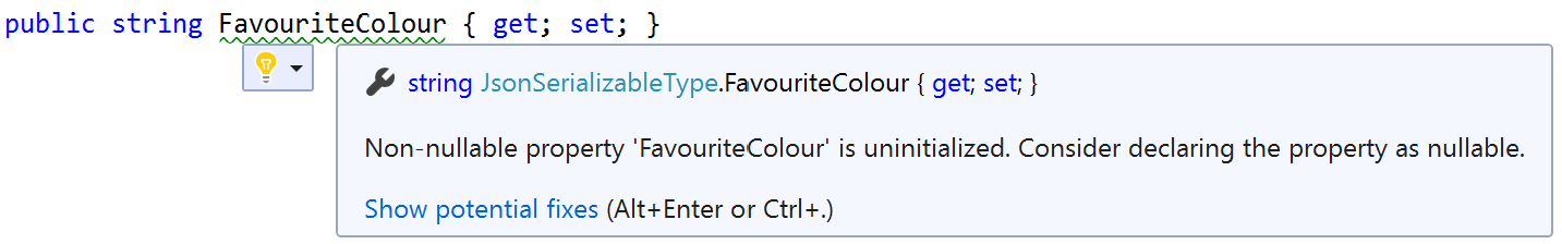 A C# property of type string, called FavouriteColour, with auto get and set accessors, and a Visual Studio mouse-over message stating that this non-nullable property is uninitialized, asking us to consider declaring the property as nullable.