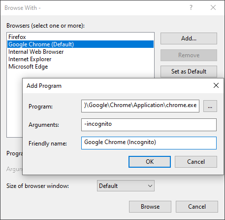 Visual Studio Custom Browser Add Configuration