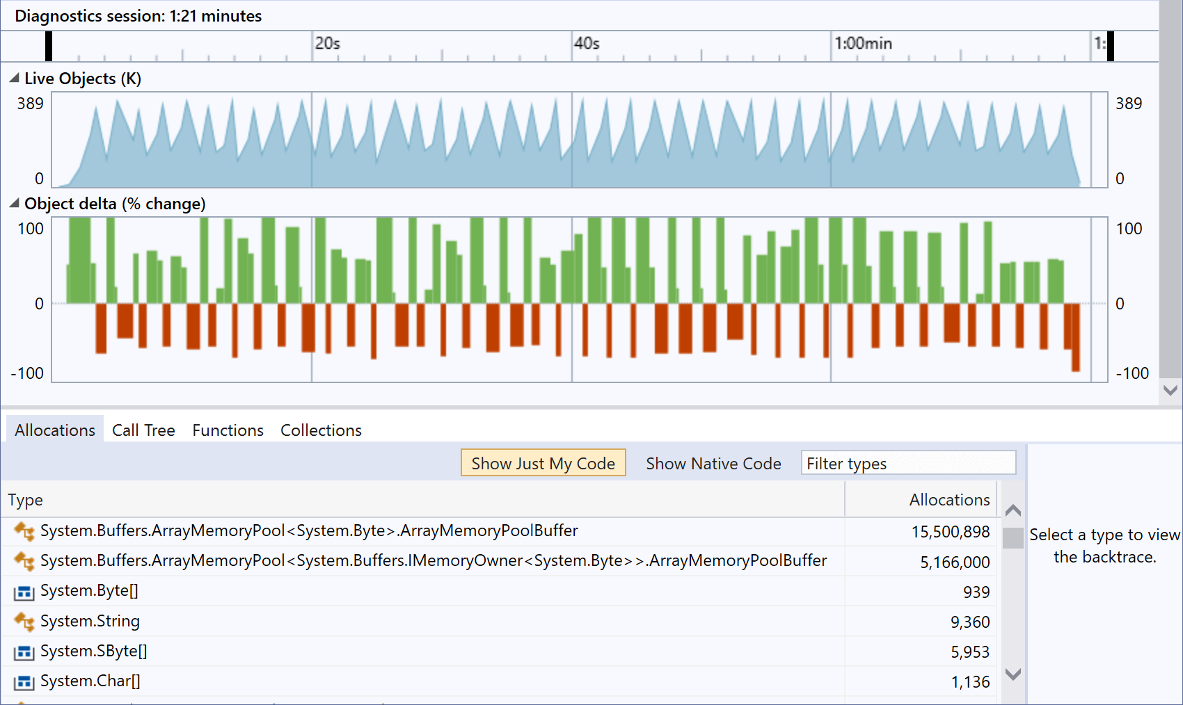 Memory profile view showing large numbers of allocations by ArrayMemoryPool