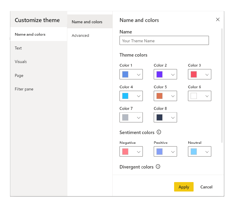 Images showing the custom colour palette in Power BI