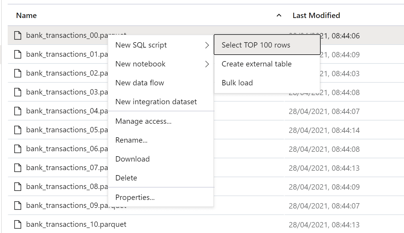 File menu, showing option to SELECT TOP 100 rows of file