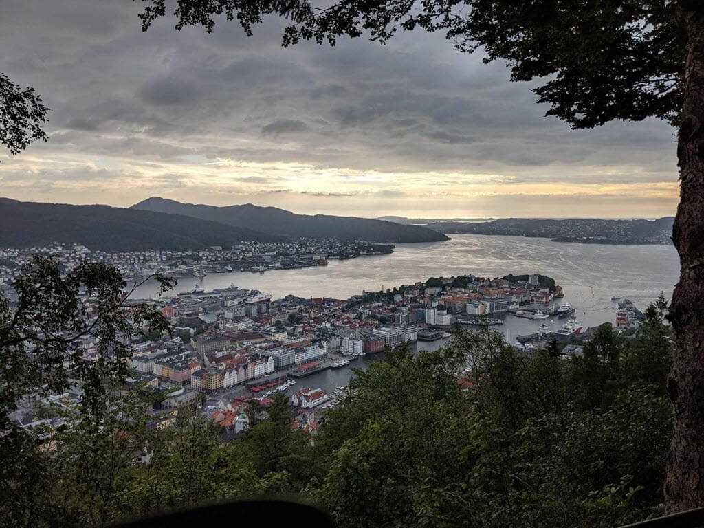 View over Bergen with setting sun.