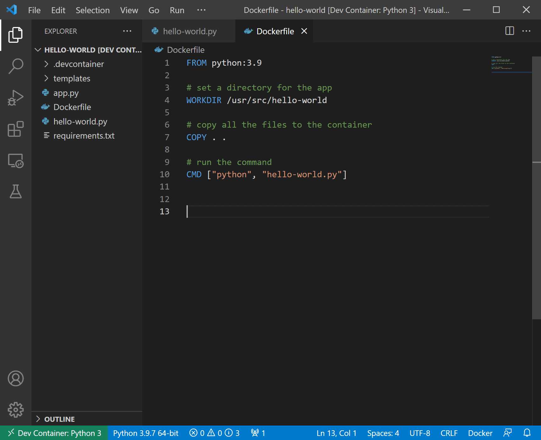 VS code Dockerfile - hello world.