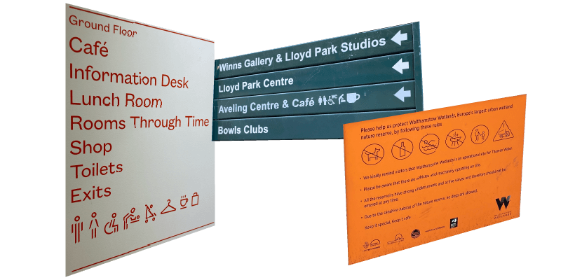 A collage of images showing pictograms used on public signage and wayfinding