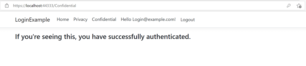 Showing the Confidential page of the application. The message "If you are seeing this, you have successfully authenticated" is displayed.