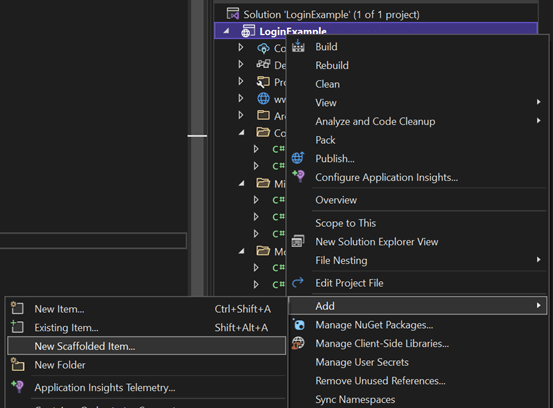 Showing the "New Scaffolded Item" menu under the "Add! menu when right clicking on the project file.