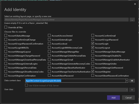 Showing the dialog for adding Identity. The three files to overwrite are selected and AppDbContext is set as the data context class.