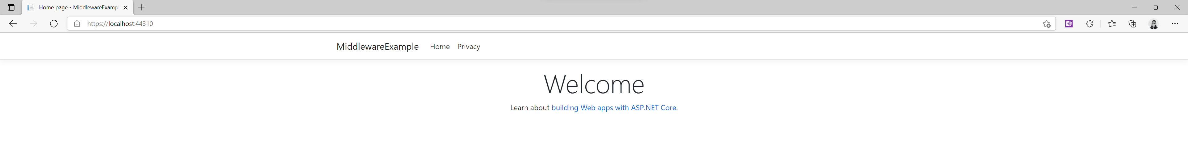 Showing the web app with the default URL, displaying the welcome page.