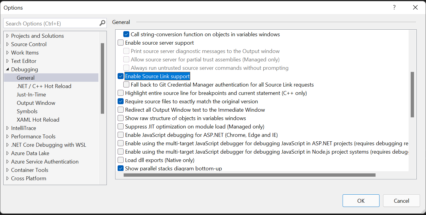 Showing the Options dialog. Under General in the Debugging menu, the option "Enable Source Link support" is ticked.