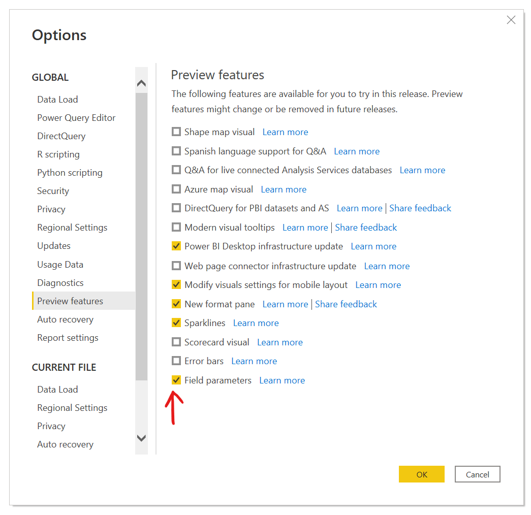 Field parameters enabled in preview features