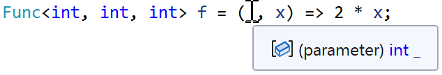 Visual Studio showing a tooltip with the text "(parameter) int _" for the first parameter of a lambda where only the first parameters is called _