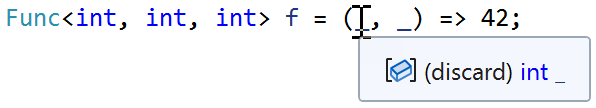 Visual Studio showing a tooltip with the text "(discard) int _" for the first parameter of a lambda where both parameters are called _