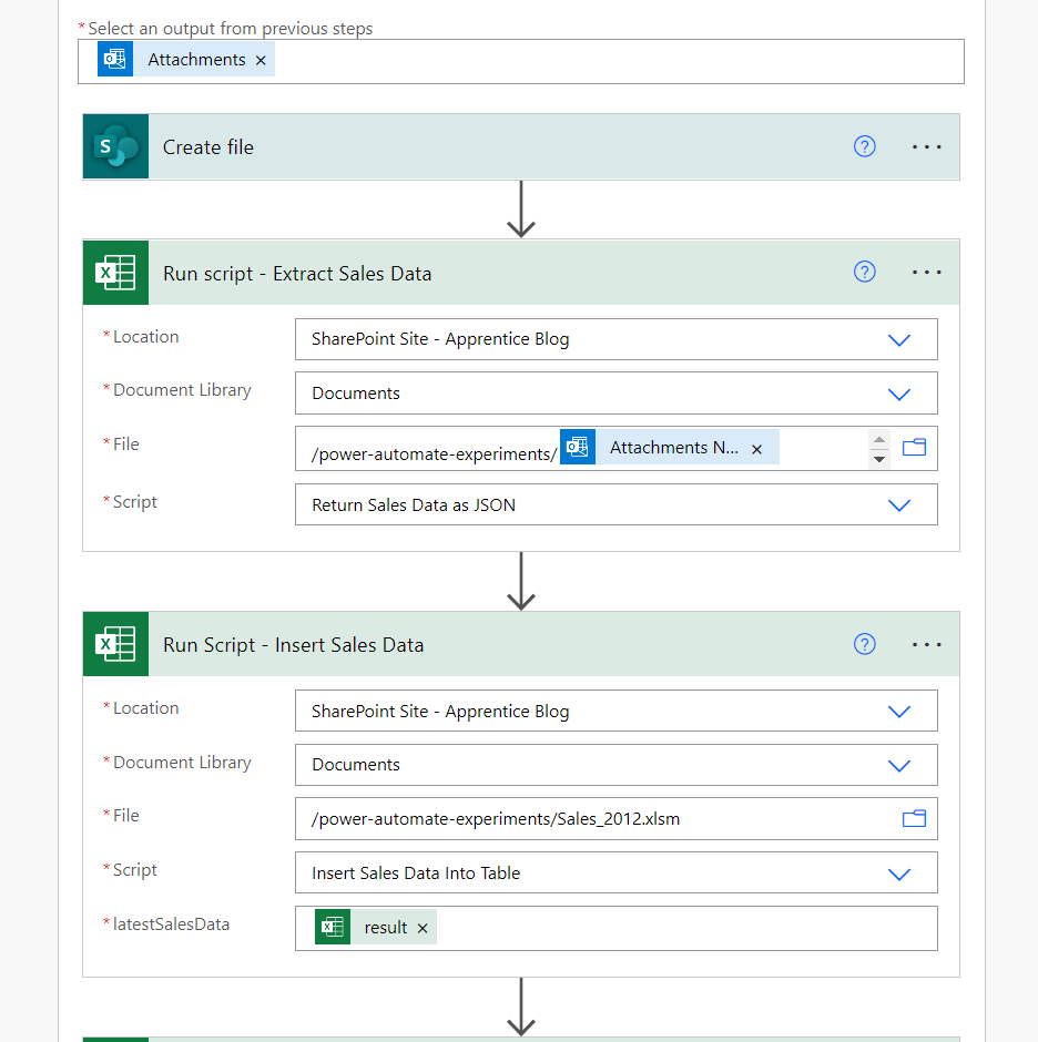 Power Automate workflow detail - 2 (first two office script actions)
