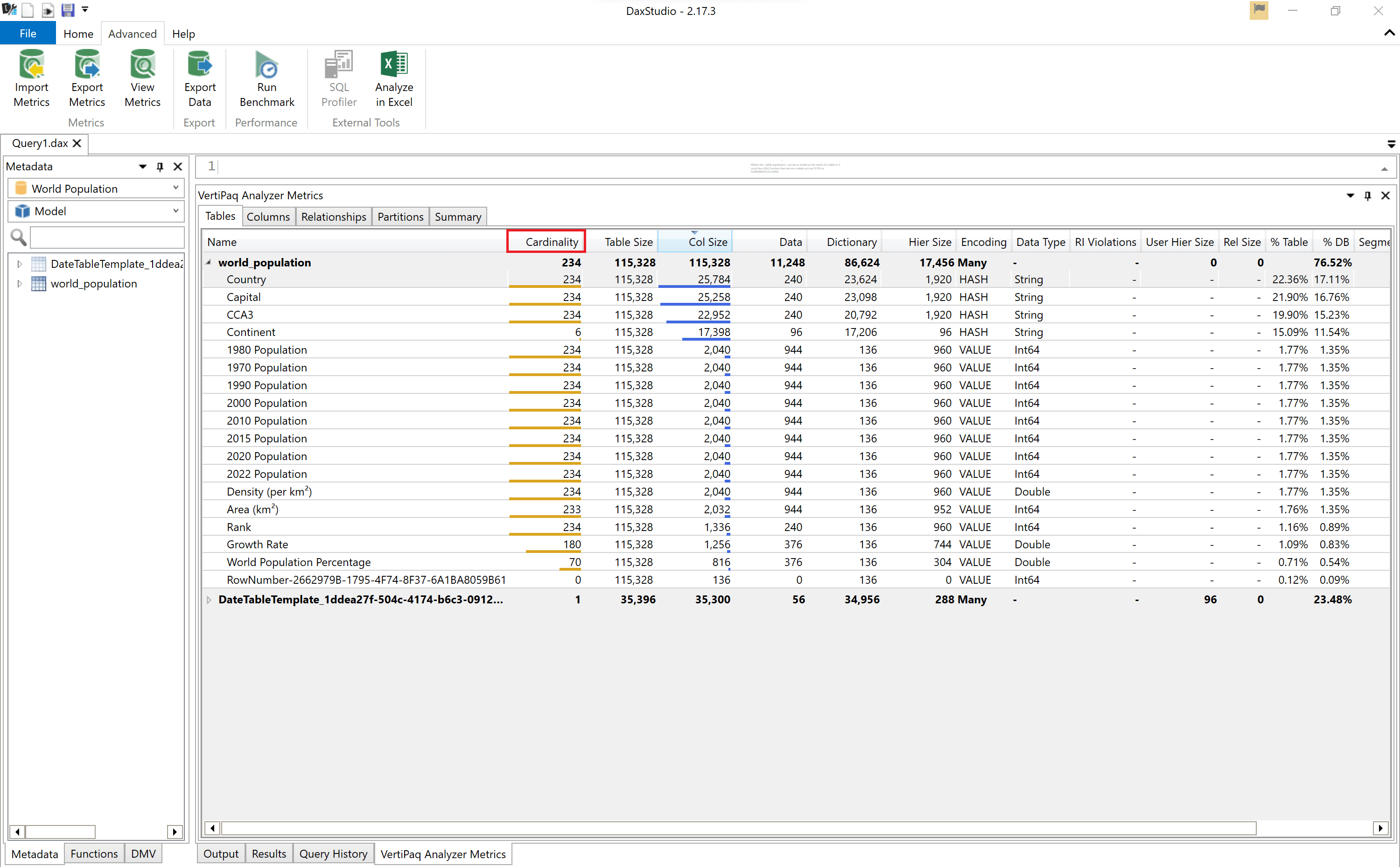 Vertipaq Analyzer in Dax Studio Cardinality column.