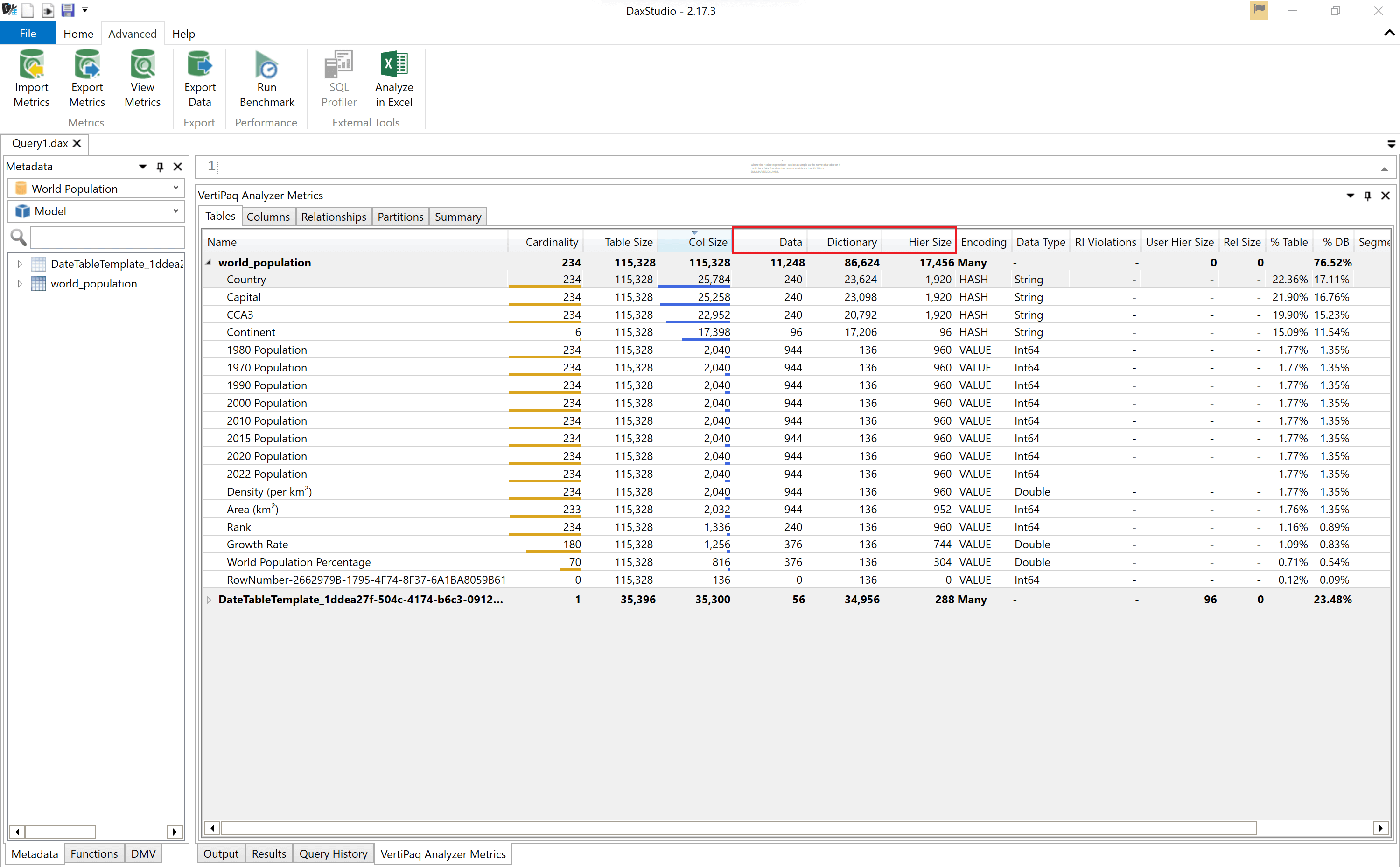 Vertipaq Analyzer in Dax Studio Hierarchy column.