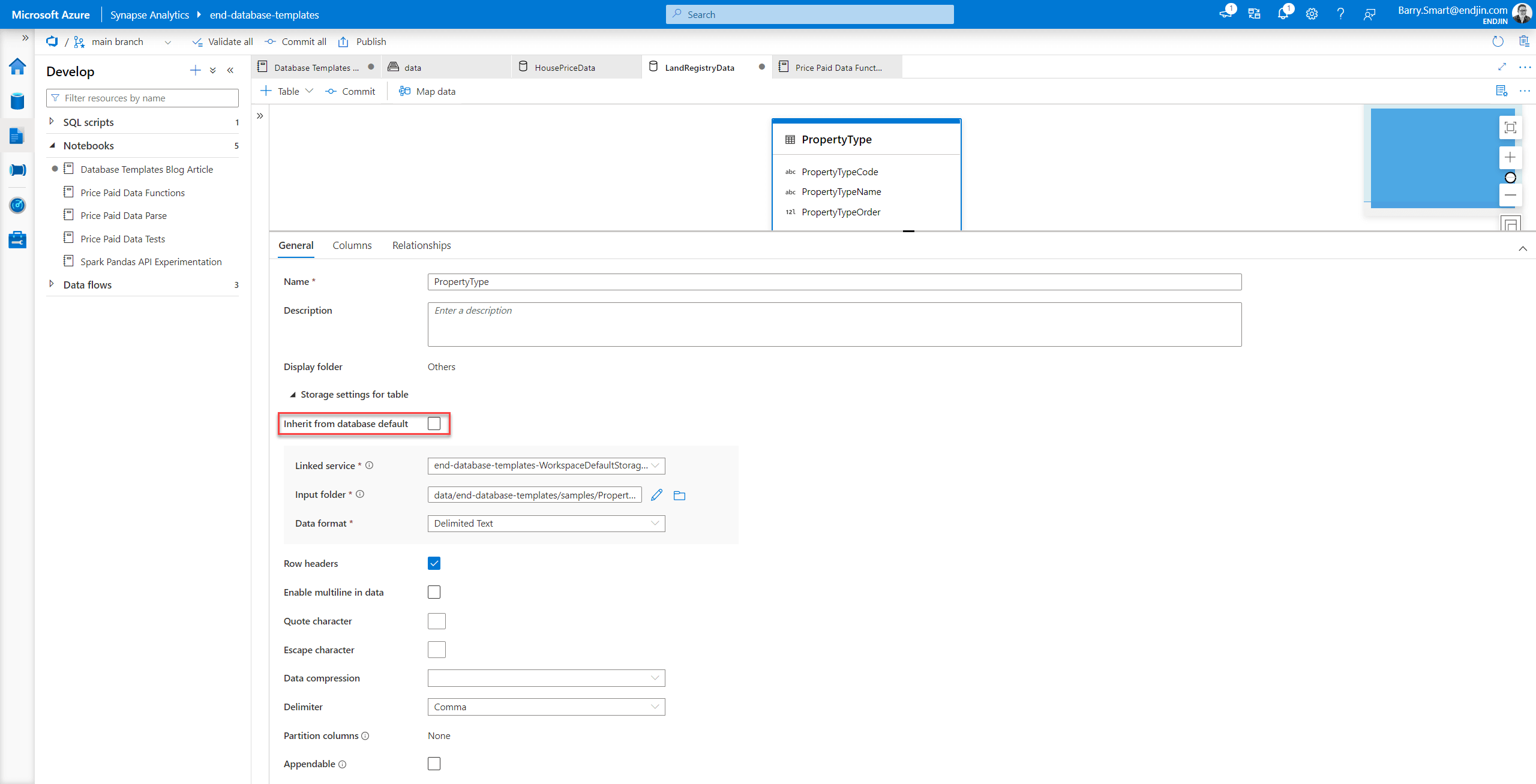 Change the table storage settings